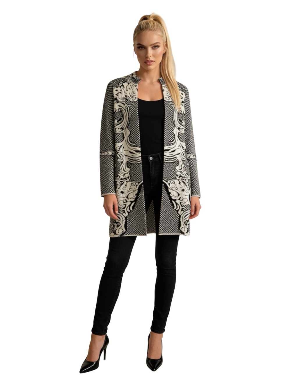 Chico’s Women’s Black & White Jacquard Lightweight Coat | Medium